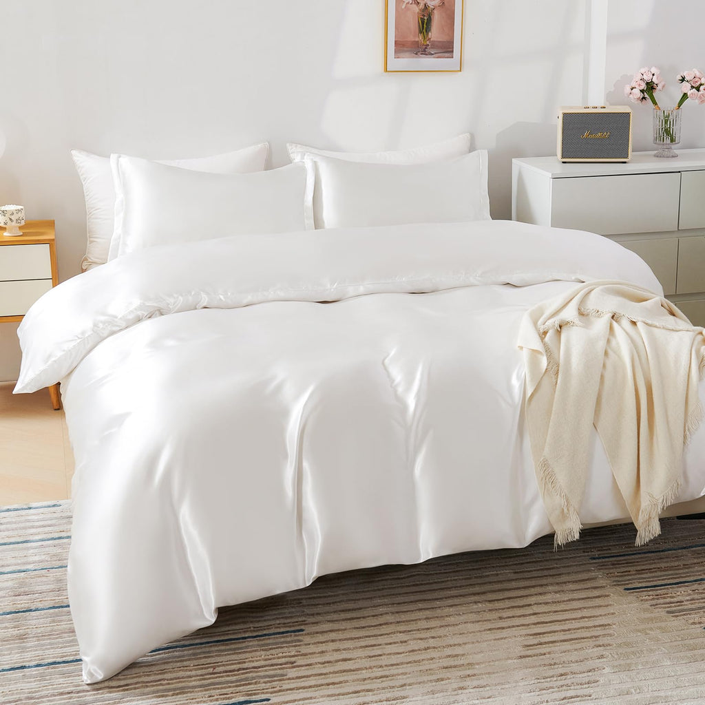 HOdo Home Satin Duvet Cover Twin Size, 3 Piece Silk Like Comforter Cover, Ultra Soft and Breathable Bedding Set with Zipper Closure & Corner Ties (White)