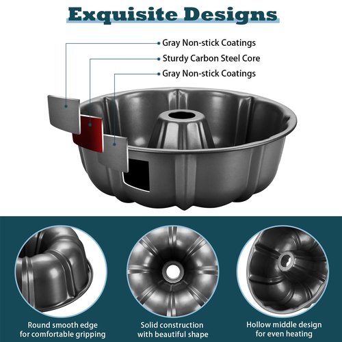 P&P CHEF 10 Inch Gray Non-stick Cake Pan, Carbon Steel Fluted Tube Round Baking Pan for Pound Cake, 10-Cup Large Capacity Bakeware, Healthy & Heavy Duty, 1 Piece