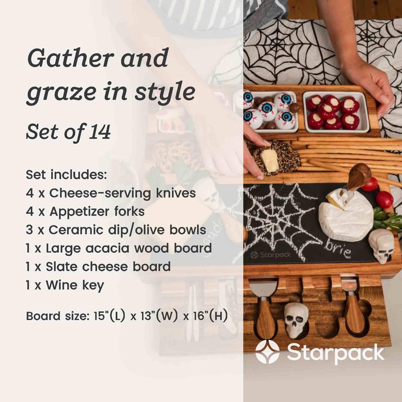 Starpack 'Gather & Graze' Wooden Charcuterie Board & Cheese Board Gift Set with 4 Cheese Knives, Wine Key & 4 Appetizer Forks - Housewarming, Bridal Shower, Wedding Gift