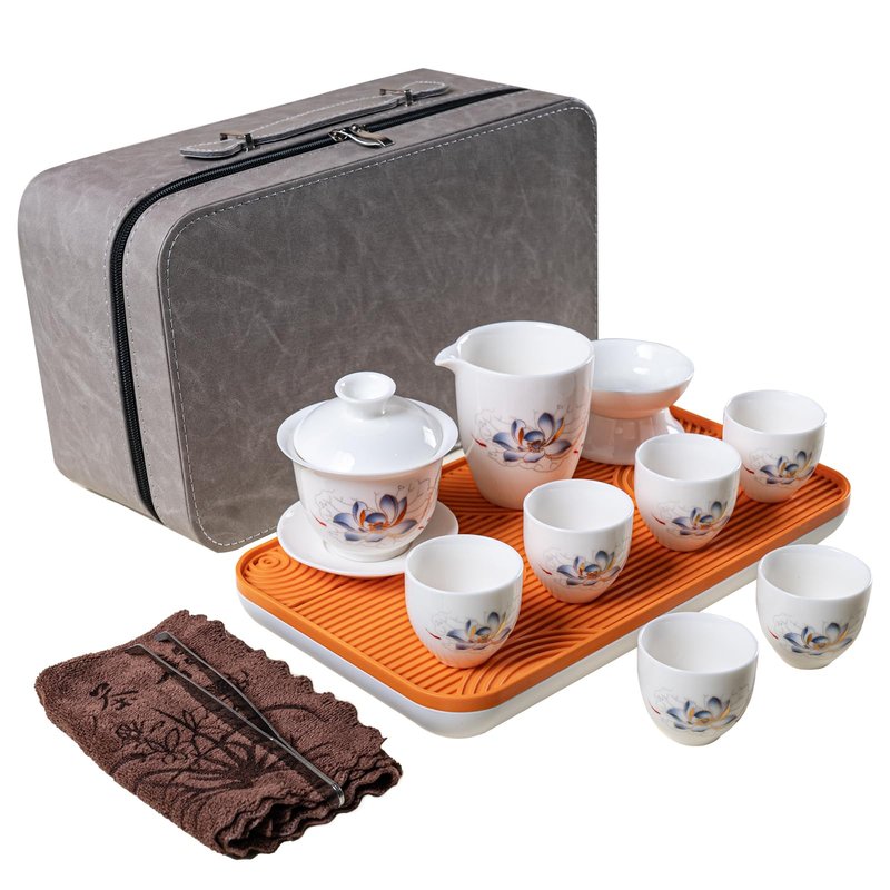 KEYDUACU Gaiwan Chinese Gongfu Tea Set，Asian Adult White Ceramic Tea Set, 6 Cups Suitable for Small Gatherings, Home, Office and Travelling, Gift Giving.(Traveling-Lotus Flower)