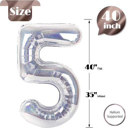 Laser Silver 5 Balloon | 40-Inch Number 5 Birthday Decoration | Stunning Party Supplies