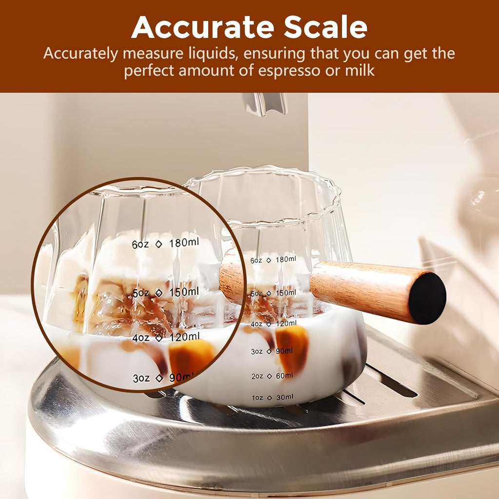 YARRAMATE Glass Measuring Cup - 6 oz/180ML with Wooden Handle | Ribbed Design for Easy Pouring