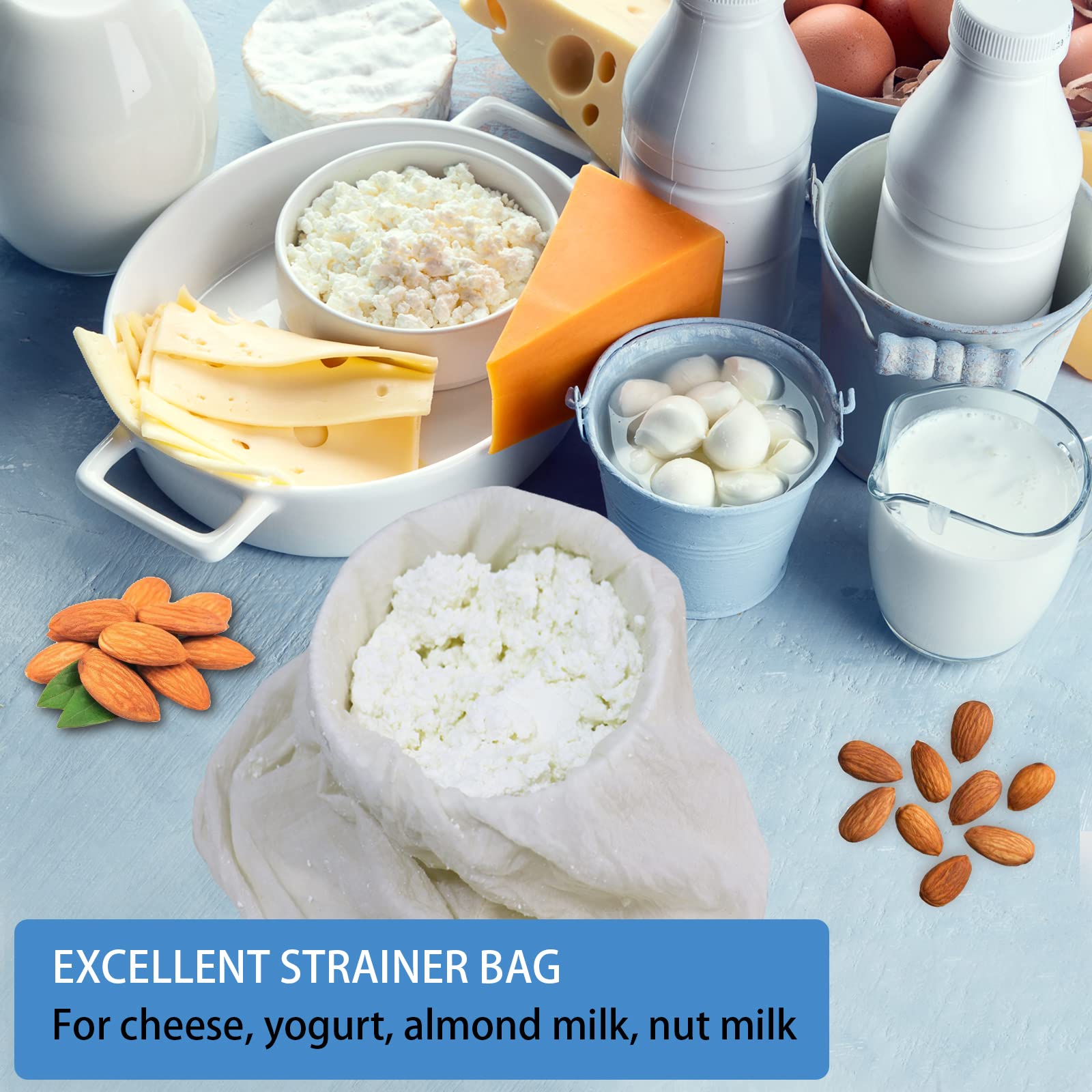 6 Pack 14"x14" Nut Milk Bags - 100% Unbleached Cotton, Food Strainer, Reusable Cheesecloth,Straining Almond/Oat/Soy Milk, Cold Brew Coffee, Cloth Bag for Cheese/Yogurt/Juice/Tea/Wine/Soup/Herbs
