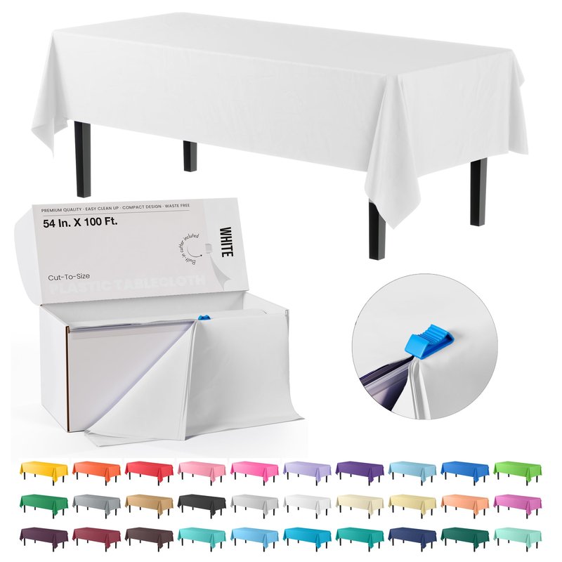 Party Solids 54 Inch X 100 Feet White Plastic Table Cover Roll in A Cut - to - Size Box with Convenient Slide Cutter. Cuts Up to 12 Rectangle 8 Feet Plastic Disposable Tablecloths