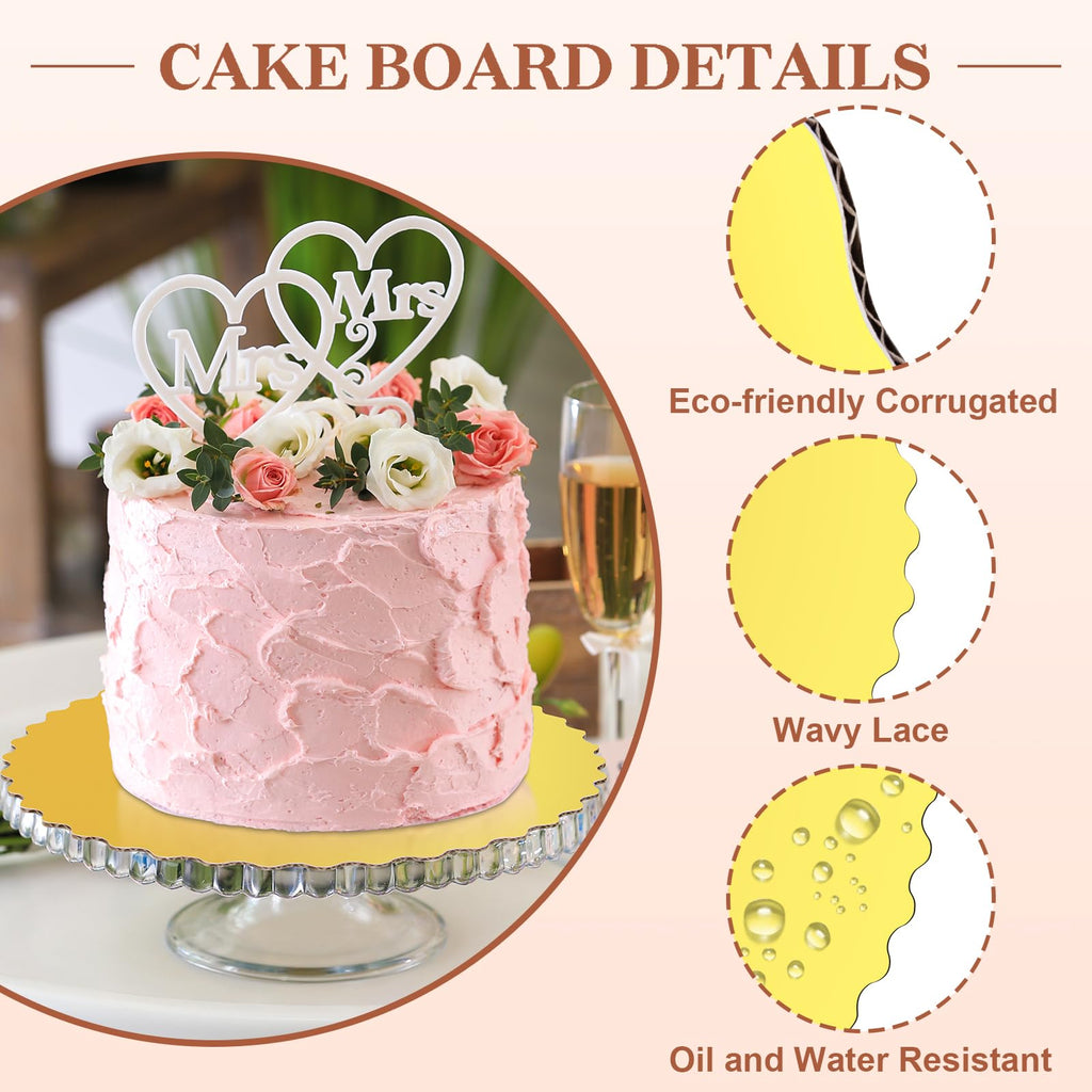 Cake Boards 10 inch Round, Gold Scalloped Edges Food Graded Greaseproof Cake Rounds 10 inch, 10in Cakes Boards Cardboard Circles for Wedding Birthday Parties Pizza, 10-Pack