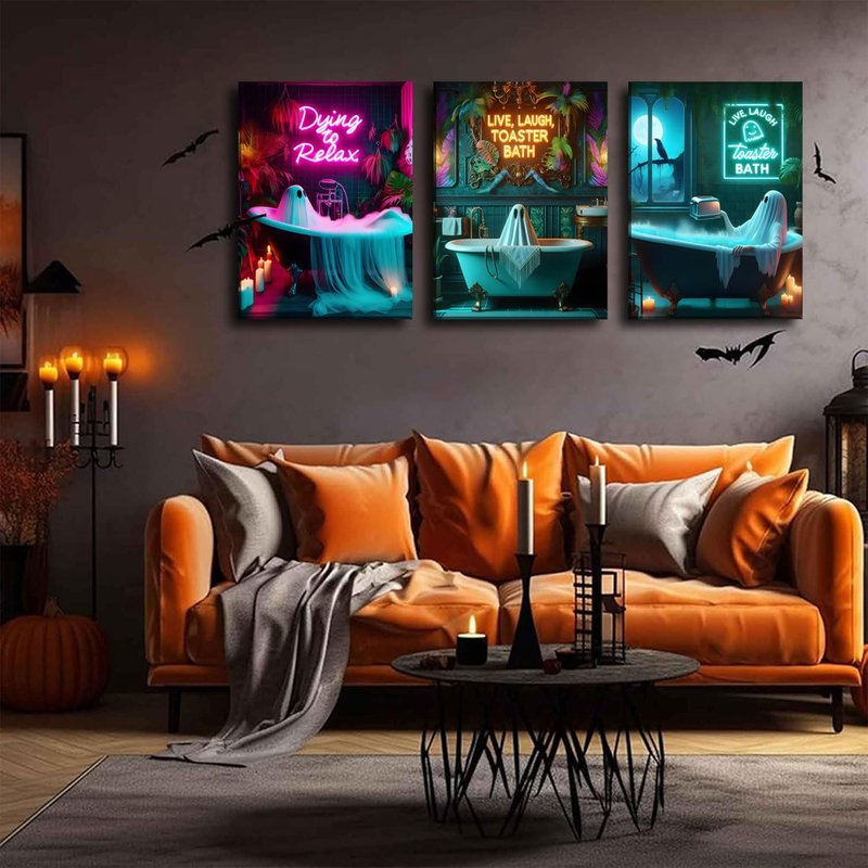 3 Pcs Framed Halloween Ghost Neon Bathroom Canvas Wall Art Neon Sign Dying To Relax Wall Decor Pictures Funny Gothic Ghost Toaster Posters Prints for Restroom Dark Humor indie room Home Decortion