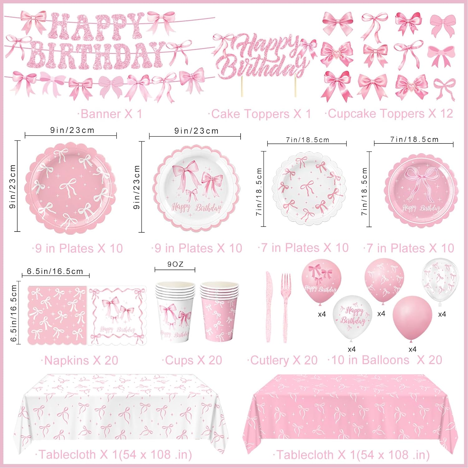 Pink Bow Birthday Decorations - Complete Party Set with Plates, Napkins, Balloons & More for 20 Guests