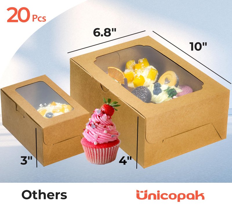 UnicoPak 20 Pack Brown Cupcake Boxes with Handle Tray - 4" Tall Large Muffin Boxes for 6 Cupcakes - Professional Food-Grade Cardboard Window Boxes for High Frosting, Toppers & Jumbo Treats