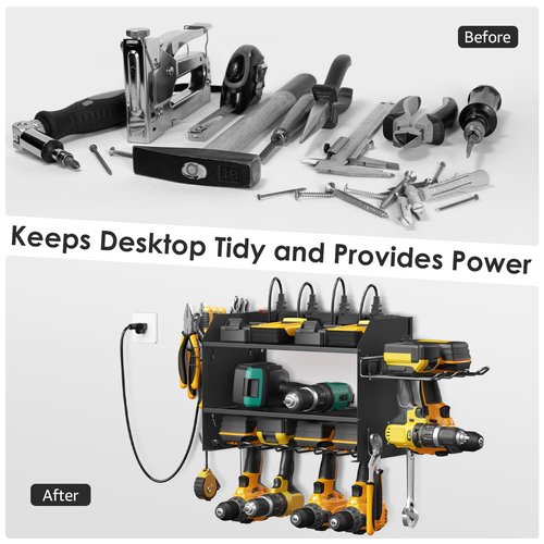 CCCEI Modular Power Tool Organizer Wall Mount Charging Station, Black 6 Drills Holder with 8 Plug Power Strip 10FT, Garage Drill Battery Heavy Duty Metal Shelf, Utility Rack with Hooks, Side Storage.