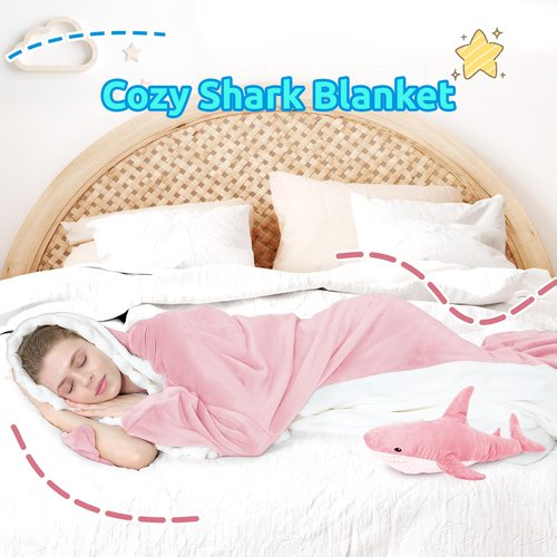 Touchat Shark Blanket Hoodie Onesie, Wearable Blankets Hoodie Adult, Warm Flannel Throw Blanket Tail Sleeping Bag, Cartoon Costume Shark Onesie Funny Gifts for Adults (Pink,M)