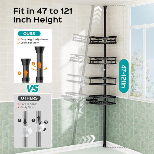 HAMITOR Corner Shower Caddy - Rustproof 4-Tier Bathroom Organizer for Bathtub Shampoo Storage | Adjustable 47-121 Inch Black Rack