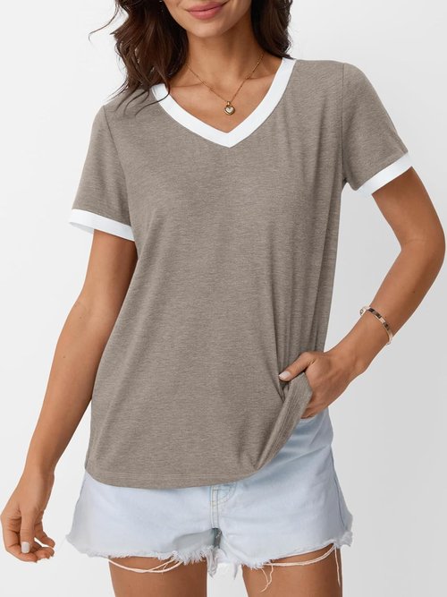 AUTOMET Women's V-Neck Short Sleeve T-Shirt - Casual Soft Tunic for Summer Fashion Outfits