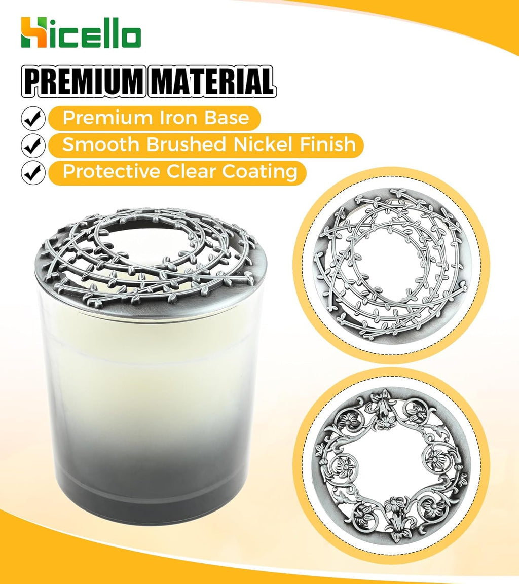 Skiennix Candle Toppers - Set of 2 Silver Metal Lids with Floral Design | Fits 80mm Yankee Candles