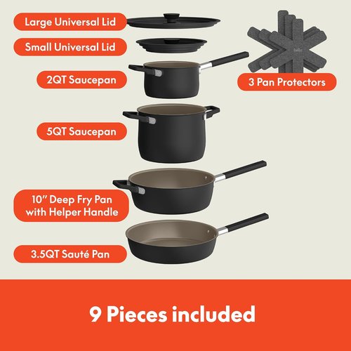 Bella 9-Piece Ceramic Nonstick Cookware Set - Dishwasher & Oven Safe, Stackable Design, Black