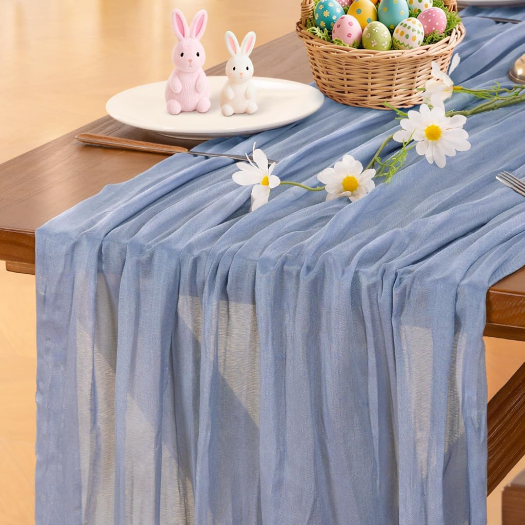 Socomi Cheesecloth Table Runner - Dusty Blue Boho Rustic Design | 120 Inch for Weddings & Home Decor