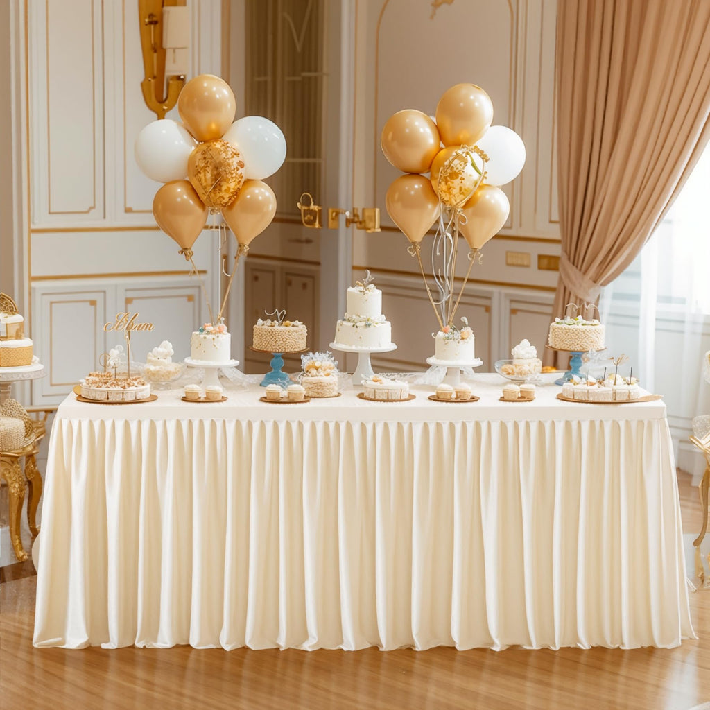 Party Talk Light Champagne Polyester Table Clothes for 4 Foot Rectangle Tables, Wrinkle Free Fitted Table Cover 4ft Stretch Tablecloths with Skirt for Parties Weddings Birthday Banquet Baby Shower