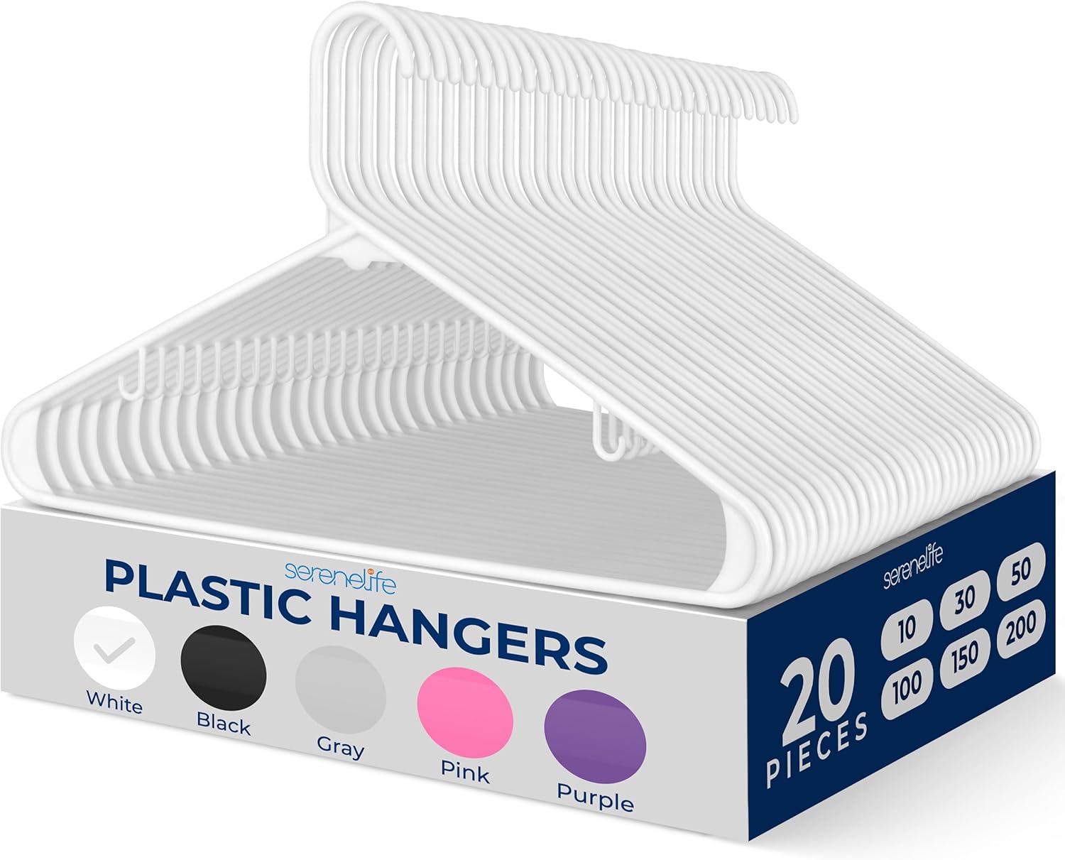 SereneLife Premium Plastic Hangers - Lightweight & Durable Space-Saving Clothes Organizers | 20 Pack (White)