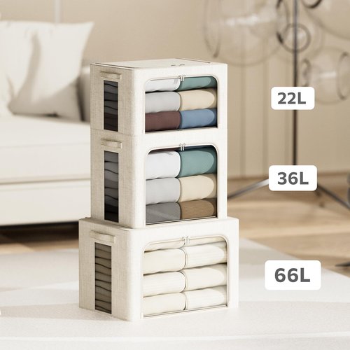 Chizjox 4 Pack Clothes Storage Bins with Metal Frame - 66L Stackable Storage Box with Lid，Foldable Storage Container Organizer for Clothes，Linen Fabric Storage Box with Clear Window＆Zippers＆Handles