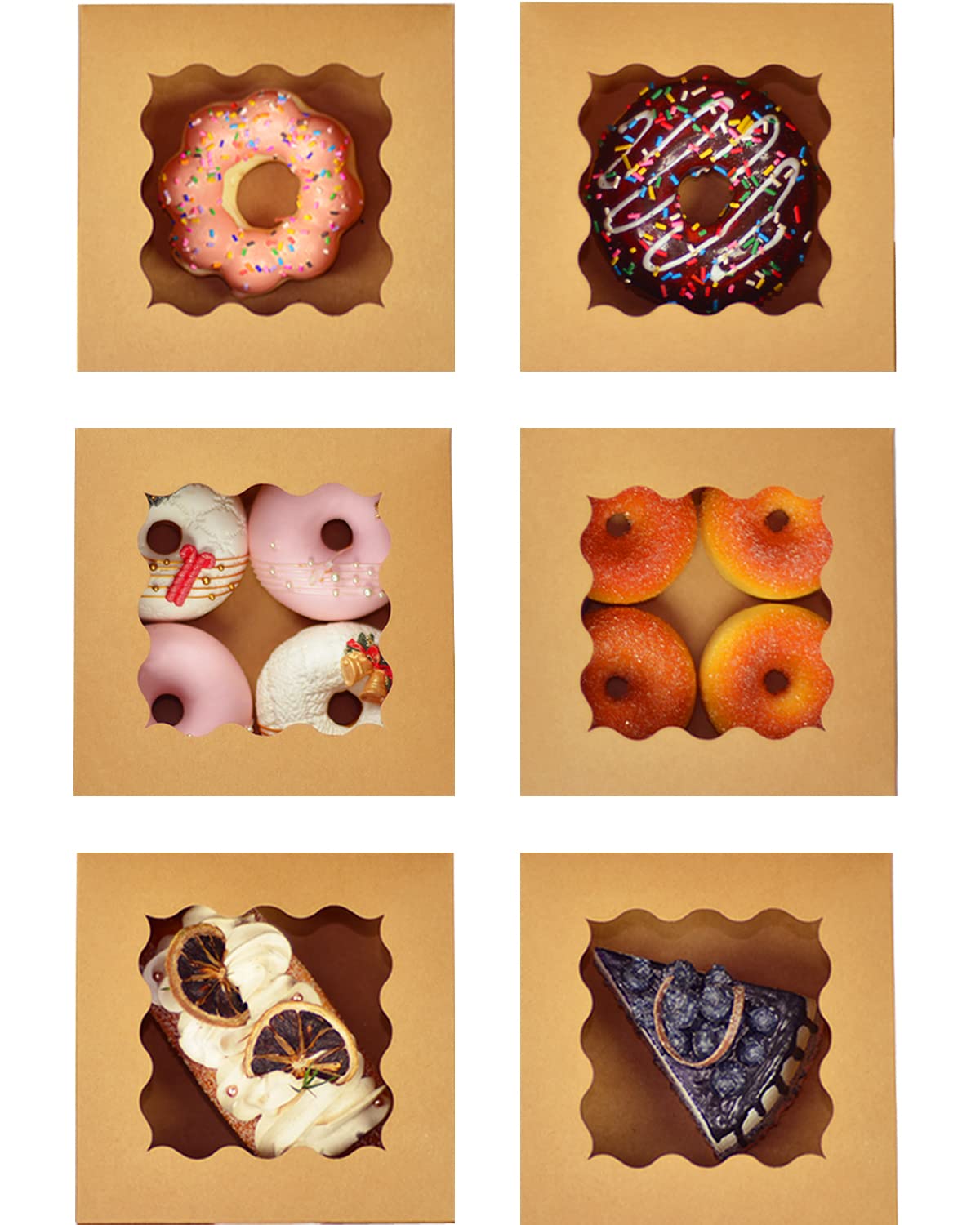 Bakepacker 60pcs Kraft Cookie Boxes 6x6x3 inches Easy Assemble Macaroon Pastry Boxes Bakery Boxes with Window for Bakery