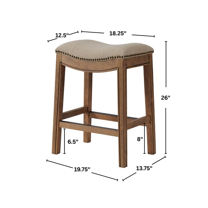 Williston Counter Height Stool – 26” Tall Backless Saddle Seat with Linen-Like Upholstery, Solid Rubberwood Frame in Natural Wire-Brush Finish, Metal Kick Plate & Footrest for Kitchen Island or Bar