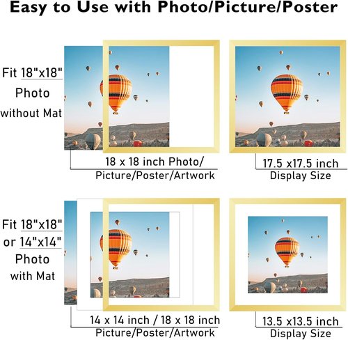 JCJMY 18x18 Gold Picture Frame - Shatter Resistant Plexiglass with 14x14 Mat for Wall Display
