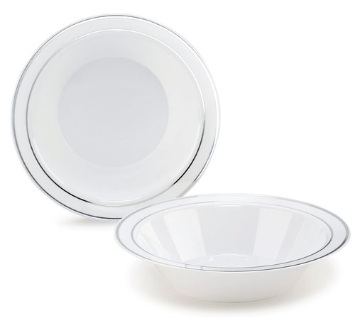OCCASIONS 120 Bowls Pack, Heavyweight Disposable Wedding Party Plastic Bowls (14oz Soup Bowl, White & Silver Rim)