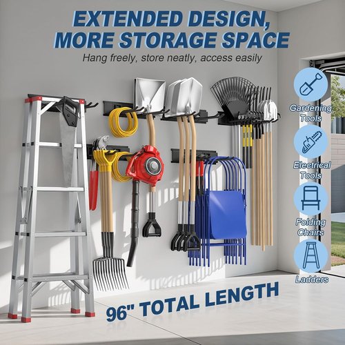 Housolution Heavy Duty Garage Wall Organizer - 96 Inch Tool Storage System with 12 Adjustable Hooks | 720 lbs Capacity