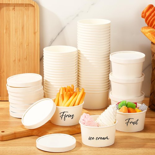 Fulmoon 50 Pack 6 oz Paper Soup Containers with Lids, Disposable Kraft Paper Soup Cups Ice Cream Bowls Food Storage with Lids, Microwavable and Freezer Safe (White)
