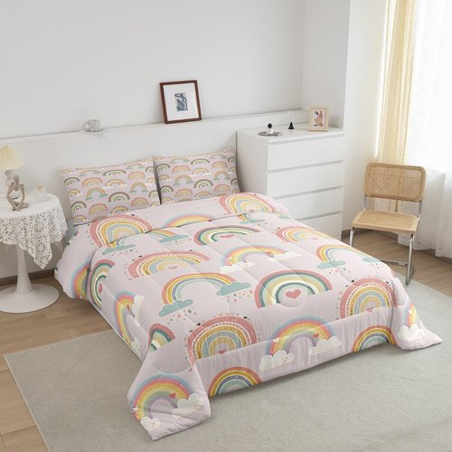 Manfei Girly Rainbow Comforter Set Twin Size, Cute Cloud Heart Bedding Set 2pcs, Cartoon Style Down Comforter for All Season, Kids Boy Girls Room Decor, Lightweight Duvet Insert, 1 Pillowcase