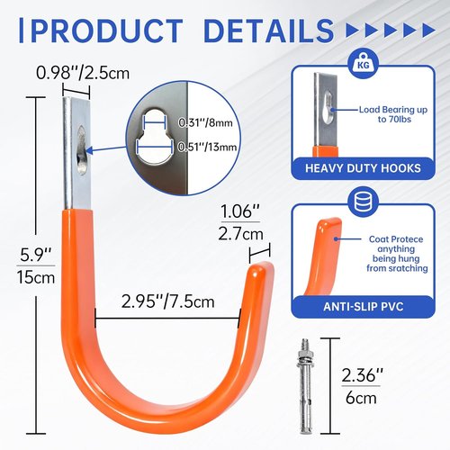 Heavy Duty Wall Hooks by [Brand Name] - Steel Garage Storage Utility Hangers | Tool Organizer & Hose Holder (2, Orange)