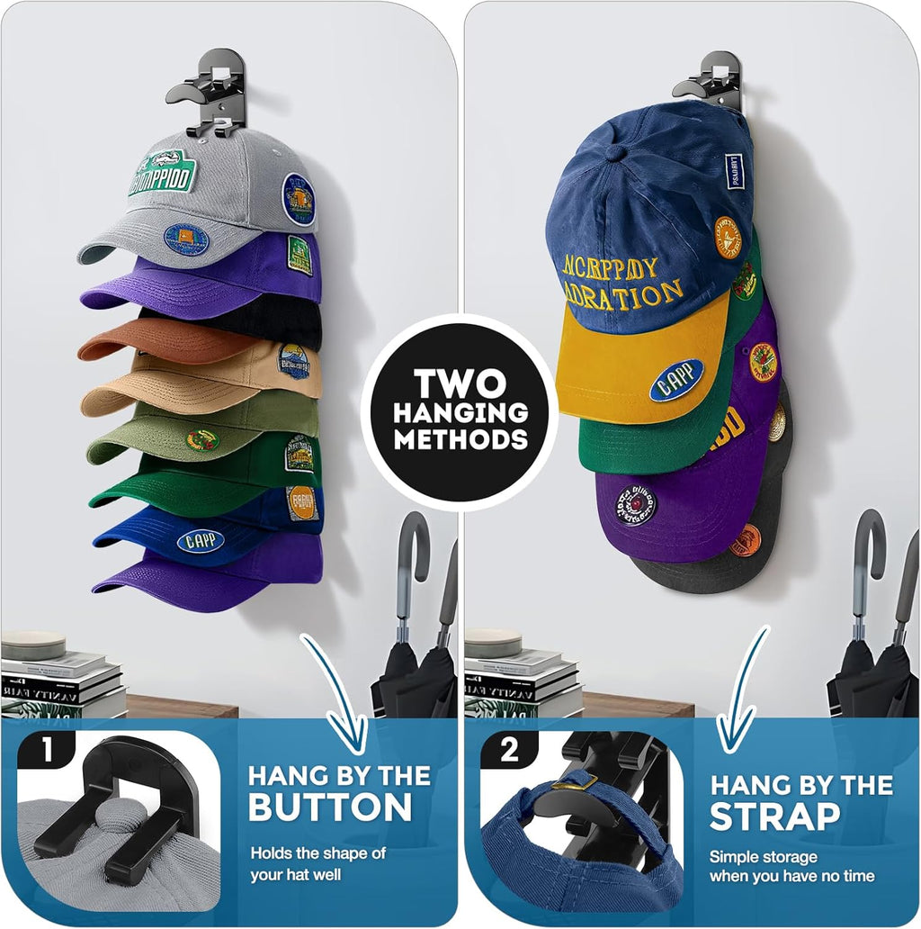 Skiennix Hat Organizer - Wall-Mounted Rack Holds Up to 20 Baseball Caps | Strong Adhesive & Screws, Black