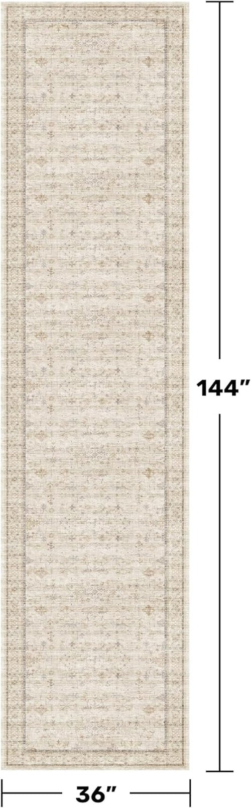 Beige Floral Hallway Runner Rug - 3x12 Washable, Non-Slip, Low-Pile Vintage Oriental Carpet