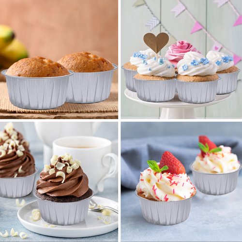 100Pcs Aluminum Cups with Lids,5oz Disposable Ramekin Baking Cups Muffin Liners Mini Pie Pans Foil Cupcake Containers for Christmas Party Wedding,Silver