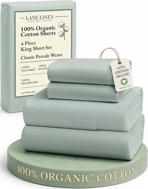 LANE LINEN 100% Organic Cotton King Sheets - Soft & Comfy Percale Bedding | Eco-Friendly Cool Blue, 15" Deep Pocket
