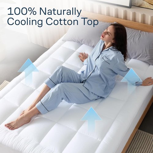 Cloud-Like Full Size Mattress Topper - 100% Cotton Cooling Mattress Pad for Back Support | Breathable White