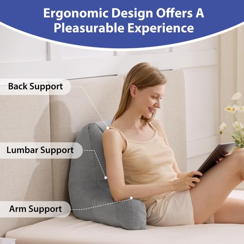 IASEAHK Reading Pillows for Sitting in Bed Adult, Back Pillow for Bed Sitting Up, Backrest Pillows with Shredded Foam for Adult&Teens, Support Pillow with Arms for Beds, Couch, Floor, 20in, Grey