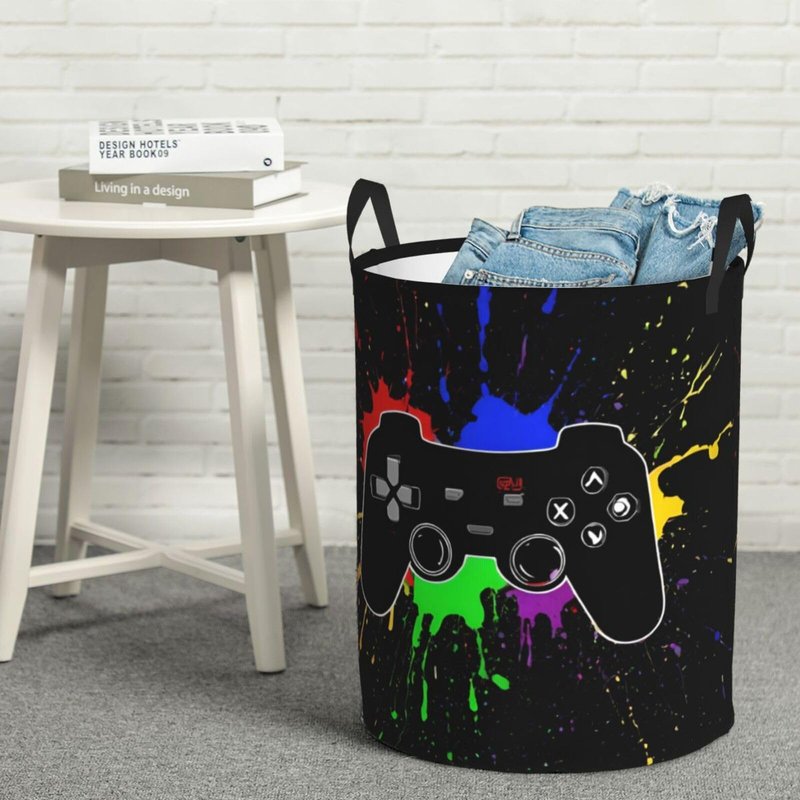 Gbuzozie 38l Round Laundry Hamper Game Joystick Storage Basket Waterproof Coating Organizer Bin For Nursery Clothes Toys