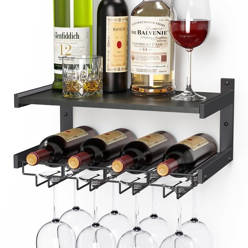 B4Life Wine Rack Wall Mounted with Stemware Hanger, Wine Glass Holder Industrial, Glass Bottle Shelf for Wall, Floating Shelves with Storage, Liquor Bottle Holder for Bar Shelves, Kitchen(Black, 1)