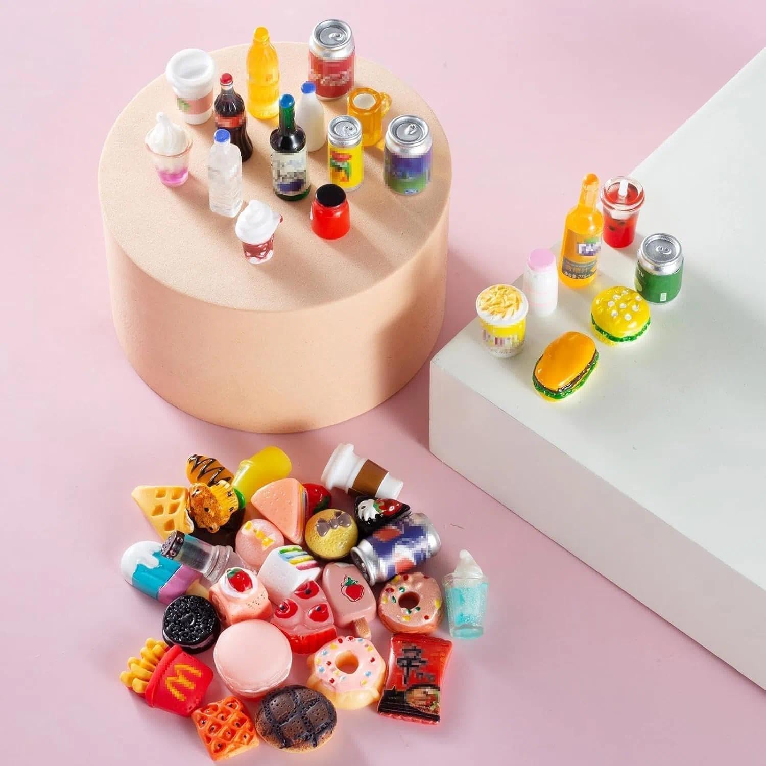 Skiennix Miniature Food & Drink Bottles - 50 Pcs for Dollhouse Play | Includes Soda Cans & Desserts