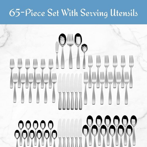 Mikasa Satin Loft 65-Piece Flatware Set - Elegant 18/10 Stainless Steel Silverware for 12 | Forks, Knives, Spoons & Serving Utensils