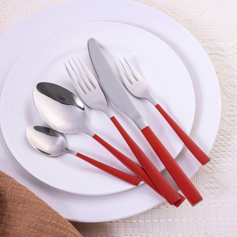 20-Piece Silverware Set Stainless Steel Flatware with Dual-Tone Handles Service for 4 Dinner Knives, Forks & Spoons Mirror Finish Dishwasher Safe (Red)