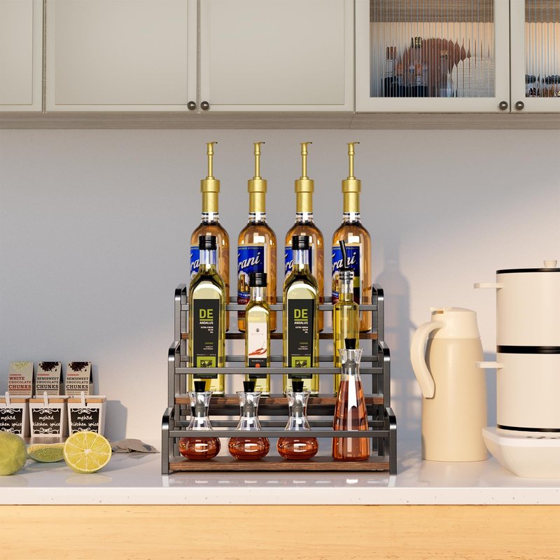 3-Tier Coffee Syrup Rack for Countertop, Large Capacity 12-Bottles Syrup Stand with Wood Shelf & Metal Frame for Coffee Bar, Premium Black Coffee Organizer Station/Wine Rack for Kitchen Storage