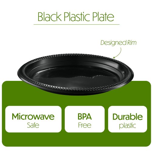 PLASTICPRO 200 PCS Black Plastic Plates Light Weight 9 Inch Plastic Dinner Plates Black Plate Disposable for Party and Wedding