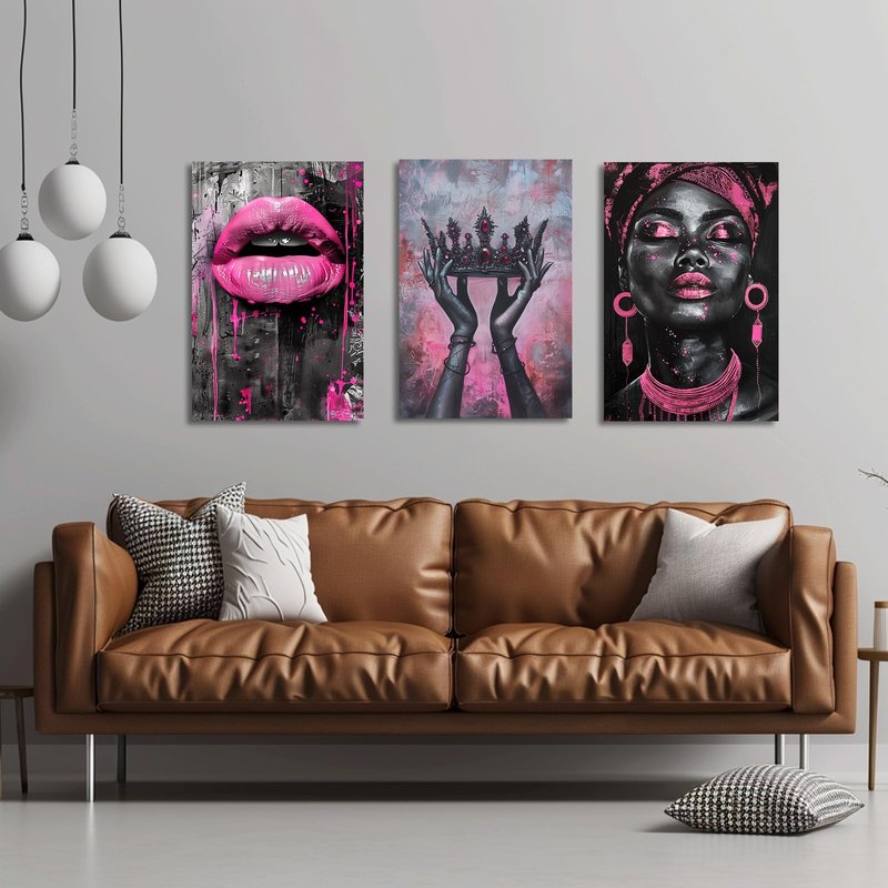 PBXBJY African American Wall Art African Girl Canvas Prints 3 PCS Black Queen with Pink Crown Lips Painting Black Woman Picture Framed Home Office Decor (16.00" x 24.00" x 3PCS)