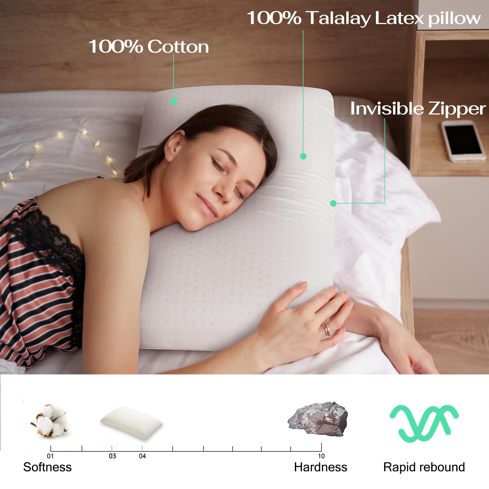 Talalay 100% Natural Premium Latex Pillow, Queen Bed Pillow with Removable Cotton Cover, Helps Relieve Pressure, Sleeping Pillow Suitable for Back and Side Sleepers, Travel Pillow (Queen (Medium))
