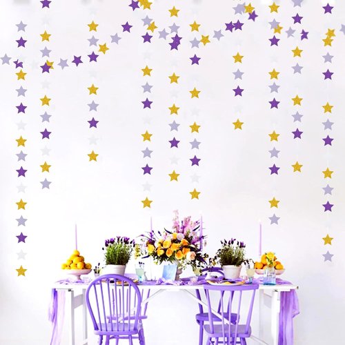 Hugtmr Star Garland - 62ft Purple Lavender & White Gold Party Decorations | Perfect for Birthdays & Showers