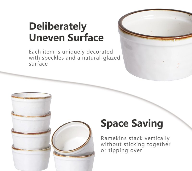 ONEMORE 8 oz Ramekins Oven Safe, Ceramic Small Ramekins with Brown Rim for Baking, Speckled Cute Ramekin Set for Creme Brulee, Sauces, Desserts & Ice Cream, Individual Custard/Pudding Cups Set of 6