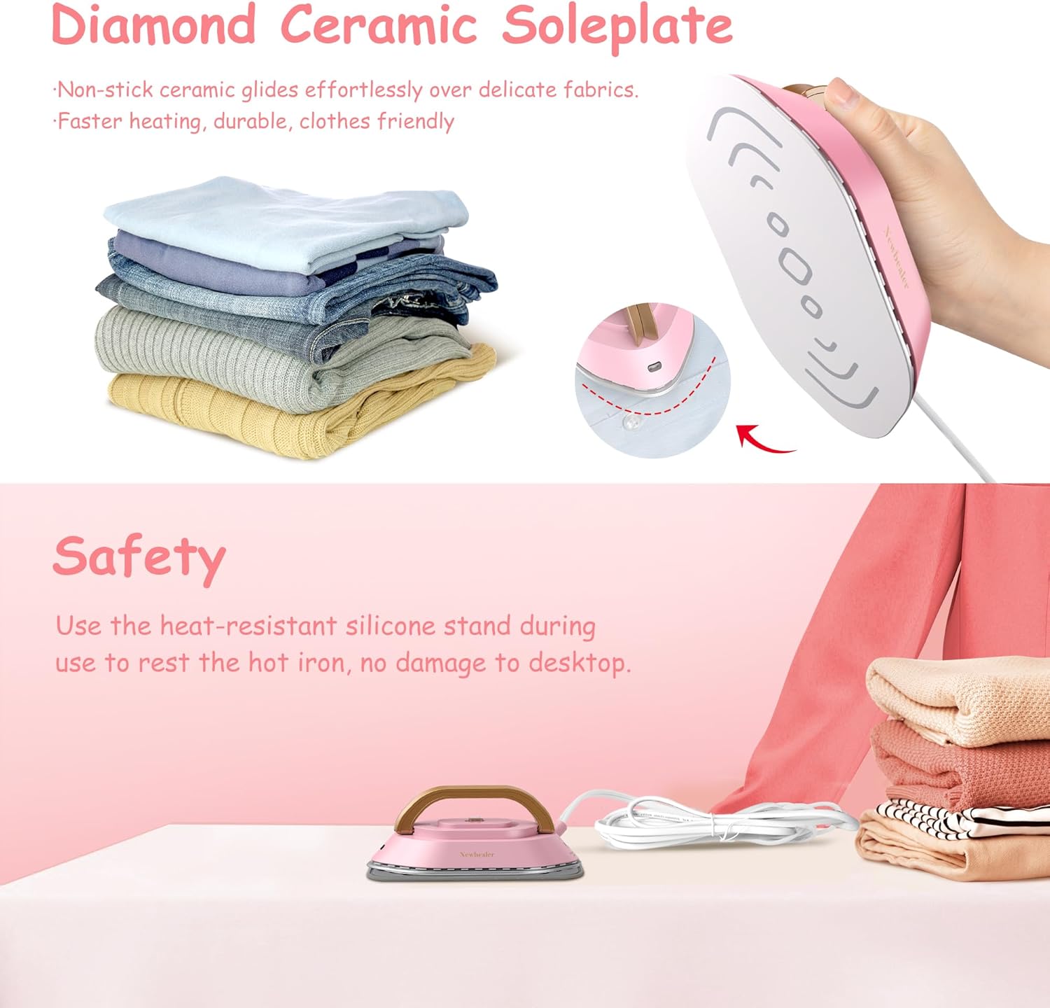 Newbealer Travel Iron - Mini Dry Iron with Global Voltage, 100-240V, Non-Stick Soleplate, 0.8lbs (Pink)