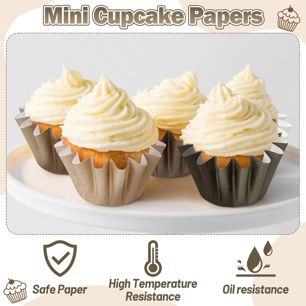 Mini Size Cupcake Liners - 240 Counts Coffee Tan Grease-Resistant Muffin Baking Cups, Bulk Brown Neutral Disposable Paper Cupcake Wrappers for Celebration Gathering Baby Shower Birthday Party Supplies