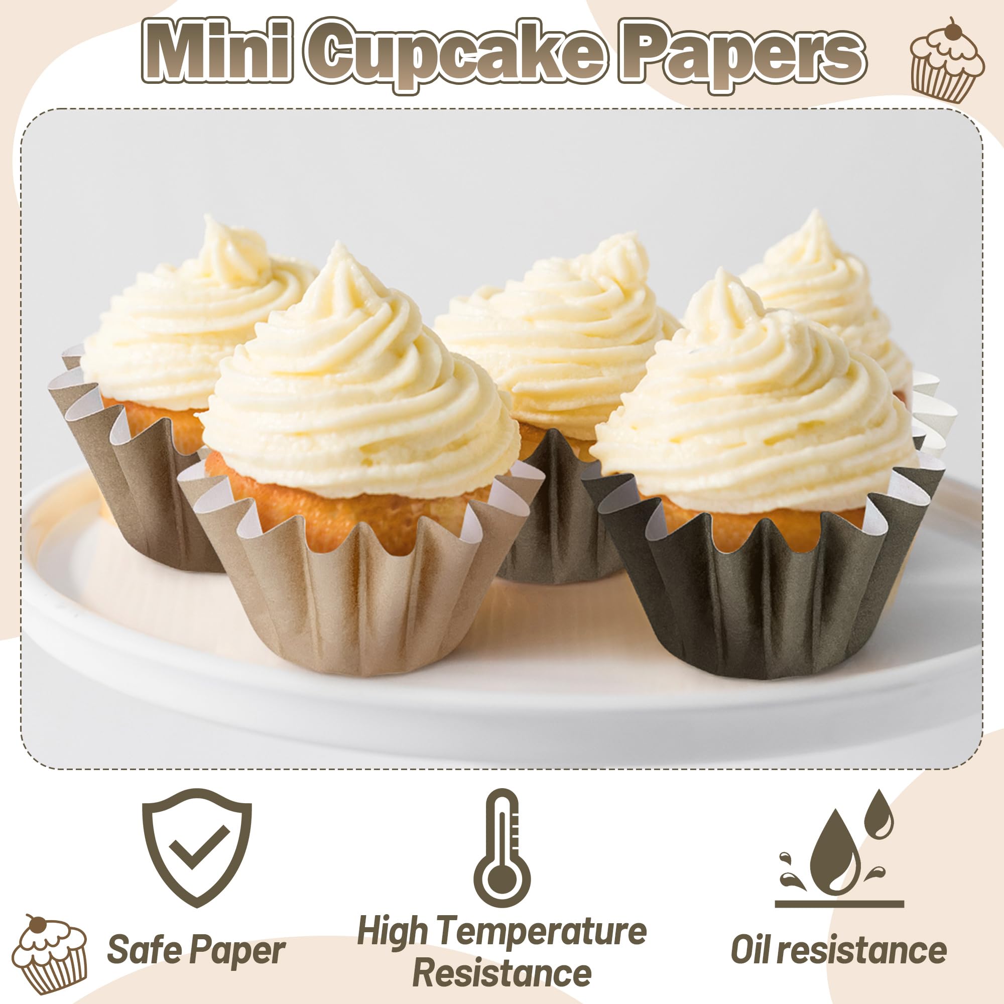 Mini Size Cupcake Liners - 240 Counts Coffee Tan Grease-Resistant Muffin Baking Cups, Bulk Brown Neutral Disposable Paper Cupcake Wrappers for Celebration Gathering Baby Shower Birthday Party Supplies